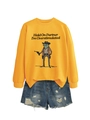 Close-up of yellow sweatshirt featuring a cowboy frog print and distressed denim shorts - S / Yellow (Black Letters)