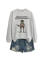 Detail of grey sweatshirt with cowboy frog print and distressed blue denim shorts - S / Grey (Black Print)