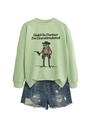 Flat lay of sage green sweatshirt with cowboy frog print and distressed denim shorts - S / Olive Green (Black Letters)