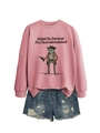 Flat lay of pink Hold On Partner graphic sweatshirt and distressed denim shorts set - S / Rose Gold (Black Letters)