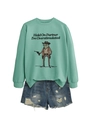 Detail of mint green sweatshirt with cowboy frog print and blue denim shorts - S / Light Green (Black Print)