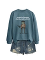 Detail of teal sweatshirt with cowboy frog print and distressed denim shorts set - S / Blue (White Print)