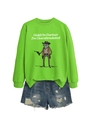 Detail of neon green sweatshirt with cowboy frog print and distressed denim shorts - S / Fluorescent Green (White Graphic)