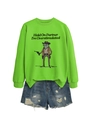 Close-up of bright green sweatshirt featuring a vintage cowboy frog graphic print - S / Fluorescent Green (Black Graphic)