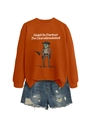 Detail of burnt orange sweatshirt with cowboy frog print and blue ripped denim shorts - S / Rust Orange (White Graphic)