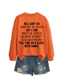 Orange crewneck sweatshirt with text print and distressed denim shorts flat lay - S / Orange Sweatshirt (Black Font)
