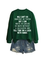 Detail of green crewneck sweatshirt with white text print and distressed denim shorts - S / Dark Green Sweatshirt (White Font)