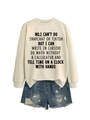 Close-up of cream crewneck sweatshirt with black text slogan and frayed denim shorts - S / Sand Sweatshirt (Black Font)
