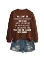 Detail of a brown crewneck sweatshirt featuring white humor text and distressed denim shorts - S / Coffee Sweatshirt (White Font)
