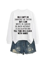 Detail of white crewneck sweatshirt with slogan print and distressed denim shorts set - S / White Sweatshirt (Black Font)