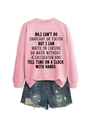 Detailed view of pink sweatshirt with black slogan print paired with denim shorts - S / Pink Sweatshirt (Black Font)