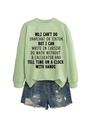 Detail view of mint green sweatshirt with fun letter print paired with denim shorts - S / Olive Green Sweatshirt (Black Font)