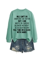 Detail of mint green sweatshirt with black slogan print paired with frayed denim shorts - S / Light Green Sweatshirt (Black Font)