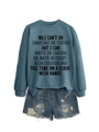 Close-up of crewneck sweatshirt with text print and distressed denim shorts - S / Blue Sweatshirt (Black Font)