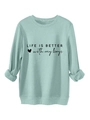 Close-up of Life Is Better With My Boys text and ribbed cuffs on light blue sweatshirt - Light Green