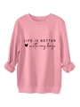Detail of pink crewneck sweatshirt featuring Life Is Better With My Boys printed slogan - Peach