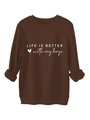 Detail of ribbed crew neck and white slogan print on brown thick cotton sweatshirt - Coffee