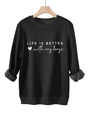 Detail of warm fleece lining and printed text on black crewneck sweatshirt - Black