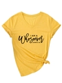 Detail of yellow V-neck t-shirt with John 3:16 graphic print and side knot hem - S / Yellow (Black Font)