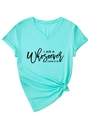 Detail of mint green V-neck T-shirt showing rolled sleeves and knot-tie hem finish - S / Deep Water Blue (Black Font)