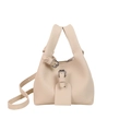 Vintage Beuteltasche aus cremefarbenem Leder mit Litschi-Struktur und Silber-Schnalle - Gebrochenes Weiß