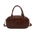 Dark brown leather pillow bag with gold lettering and adjustable crossbody strap - Brown