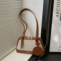 Bolso de hombro retro de cuero marrón y lona beige con cremalleras doradas dobles - Marrón