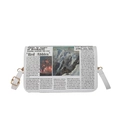 Vintage newspaper print crossbody bag with adjustable strap and mountain illustration - White
