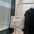 Black and white checkered tote bag with a white shoulder strap and a cute bear pendant - White with Bear Pendant