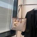Classic vintage brown and white checkered tote bag with a cute bear charm accessory - Brown With Bear Charm