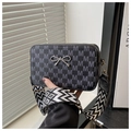 Detail of crossbody bag with M-letter print and stylish wide woven shoulder strap - Black