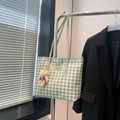 Green and white checkered tote bag with plush bear charm and leather logo patch - Green with Bear Pendant