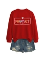 Detailed view of red crewneck sweatshirt with pharmacy print and distressed denim shorts - S / Red (White Text)