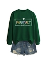 Flat lay of forest green pharmacy technician sweatshirt with distressed blue denim shorts - S / Dark Green (White Letters Graphic)