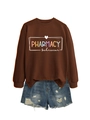 Detail of PHARMACY letter print sweatshirt with side slit hem and distressed denim shorts - S / Coffee (White Letters Graphic)
