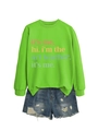 Detail of neon green sweatshirt with art teacher print and ripped denim shorts - Fluorescent Green