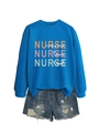 Detail of the Nurse printed royal blue sweatshirt paired with distressed denim shorts - Lake Blue