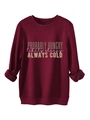 Close-up of burgundy fleece sweatshirt with Probably Hungry printed text and soft lining - S / Burgundy