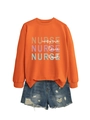 Flat lay of an orange sweatshirt with Nurse lettering and blue distressed denim shorts - Orange