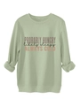 Detail of the PROBABLY HUNGRY text print on a green fleece sweatshirt for women - Olive Green