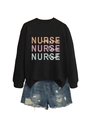 Detail view of Nurse inspire love heal print on black sweatshirt with denim shorts - Black