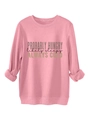Detail of pink fleece sweatshirt showing triple slogan print and thick cotton fabric - Peach
