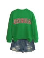 Detail of Georgia print on green sweatshirt paired with frayed denim shorts - S / Grass Green