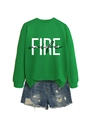 Plano de sudadera verde FIRE wife y pantalones cortos de mezclilla azul rotos - S / Verde Hierba