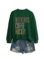 Flat lay of a green crewneck sweatshirt with coffee print and ripped denim shorts - S / Dark Green
