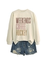 Detailed flat lay of beige sweatshirt with WEEKENDS COFFEE HOCKEY print and denim shorts - S / Sand