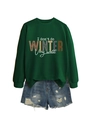 Detail of green crewneck sweatshirt with 'I don't do winter very well' graphic print - Dark Green (White Print)