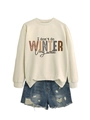 Detail of colorful 'I don't do winter very well' graphic on cream crewneck sweatshirt - Sand (Black Letters)