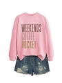 Flat lay of pink crewneck sweatshirt with weekends coffee hockey print and denim shorts - S / Pink