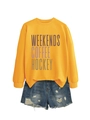 Flat lay of mustard yellow crewneck sweatshirt with blue distressed denim shorts set - S / Ginger Yellow